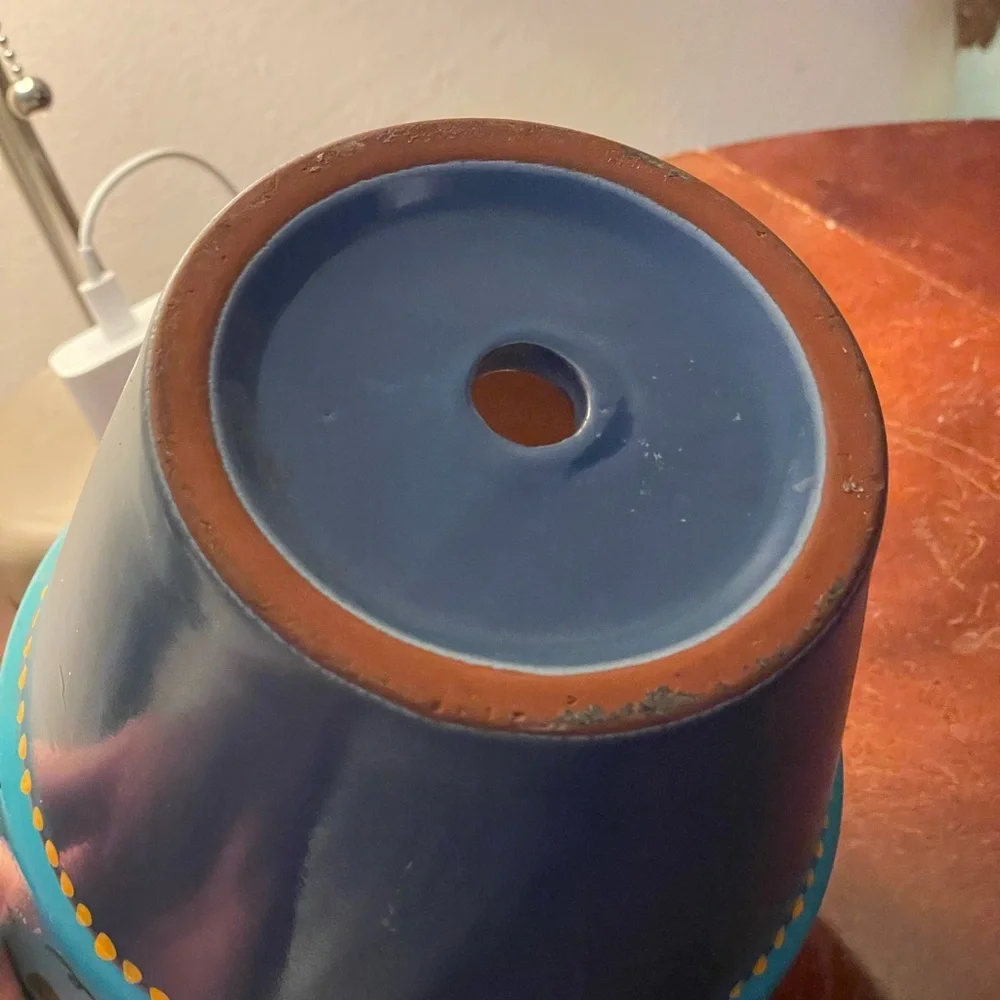Hand crafted upcycled BEE Terra cotta pot painted blue purple yellow dots floral - Picture 10 of 14